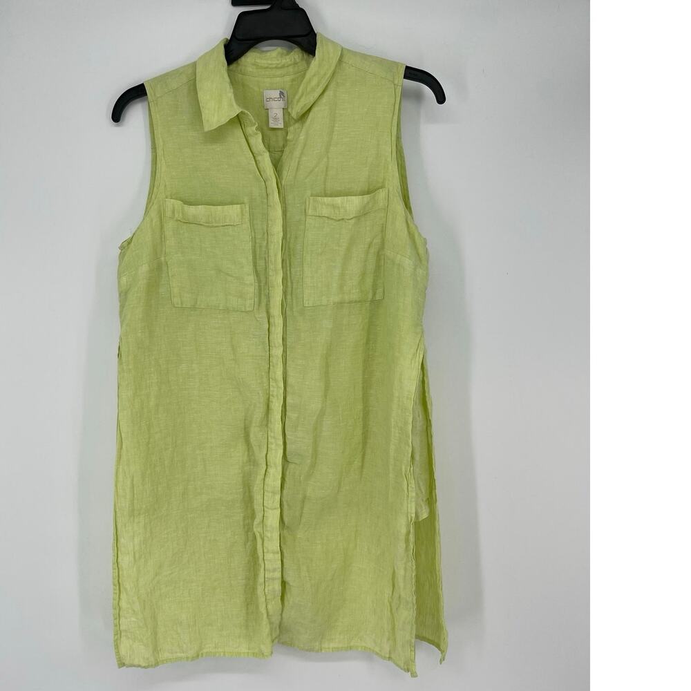 Chico’s Light Green 100% Linen Tunic Top Size 12/14 Vacation‎ Resort Cruise